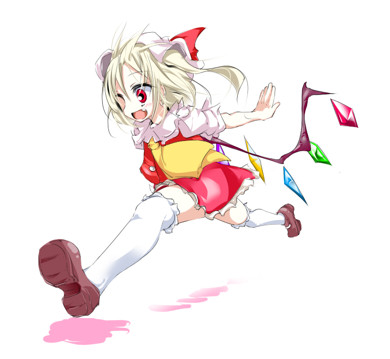 oouso, flandre scarlet, embodiment of scarlet devil, touhou, 1girl, ascot, blonde hair, brown shoes, fang, female focus, full body, hat, hat ribbon, idschtvu, mob cap, open mouth, outstretched arms, red eyes, red ribbon, red skirt, ribbon, running, shoe soles, shoes, short hair, short sleeves, side ponytail, simple background, skirt, skirt set, solo, thighhighs, white background, white thighhighs, wings