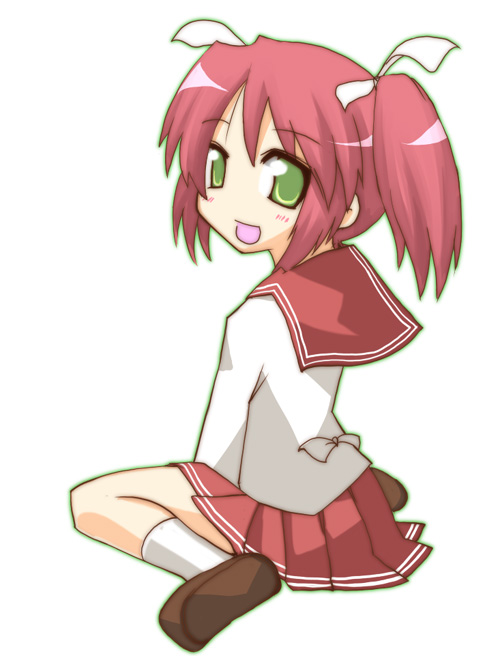 hane (hanegoya), kobayakawa yutaka, lucky star, 00s, 1girl, :d, female focus, green eyes, hair ribbon, kneehighs, loafers, long sleeves, open mouth, pink hair, pleated skirt, red skirt, ribbon, sailor collar, shirt, shoes, skirt, smile, socks, solo, twintails, white shirt, white socks