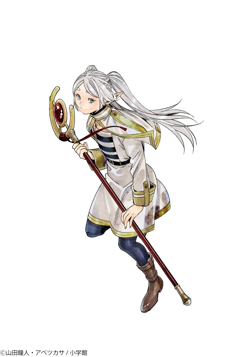 abe tsukasa, frieren, sousou no frieren, highres, official art, 1girl, black pantyhose, boots, brown boots, capelet, closed mouth, copyright notice, earrings, flat chest, full body, green eyes, holding, holding staff, jewelry, leg up, long hair, pantyhose, pointy ears, shirt, simple background, solo, staff, striped clothes, striped shirt, teardrop earrings, thick eyebrows, twintails, white background, white capelet