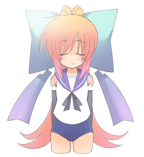 sw (taco), original, 1girl, arms behind back, blush stickers, bow, buruma, closed eyes, cowboy shot, cropped legs, elbow gloves, female focus, gloves, hair bow, light smile, long hair, orange hair, ribbon, school uniform, serafuku, solo, very long hair