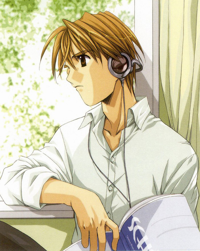 nanase aoi, haga akito, angel/dust neo, angel dust neo, angel flavor, artbook, 1boy, book, brown eyes, brown hair, buttons, collarbone, collared shirt, headphones, holding, long sleeves, looking to the side, male focus, open book, profile, shirt, sleeves rolled up, solo, upper body, white shirt, window
