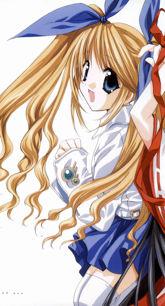 nanase aoi, haga musia, angel/dust neo, angel dust neo, angel flavor, artbook, highres, blonde hair, blue eyes, bow, hair bow, long hair, miniskirt, skirt, solo, thighhighs, twintails, zettai ryouiki