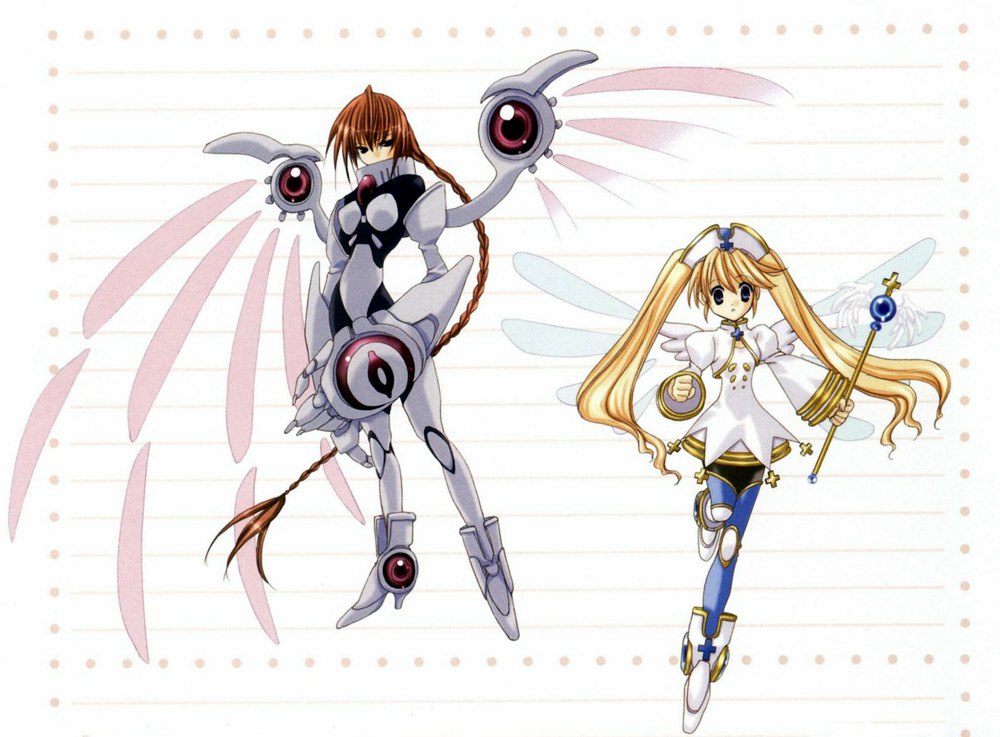 nanase aoi, haga leia, haga musia, angel/dust neo, angel dust neo, angel flavor, artbook, blonde hair, braid, long hair, staff, twintails, wings