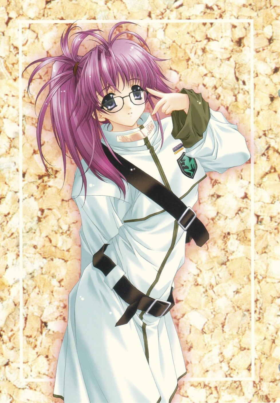 kimizuka aoi, uniform, highres, 1girl, adjusting eyewear, belt, blue eyes, female focus, glasses, long hair, ponytail, purple hair, smile, solo, strap