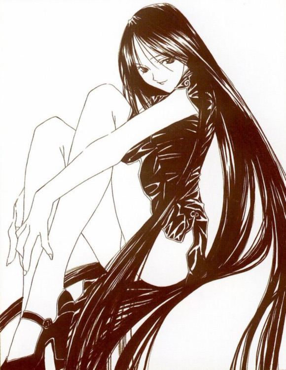 nanase aoi, angel dust, lucifer (angel dust), lucifer (mythology), angel/dust, angel flavor, artbook, 1girl, comic, female focus, high heels, long hair, monochrome, panties, pantyshot, red theme, shoes, sitting, solo, underwear