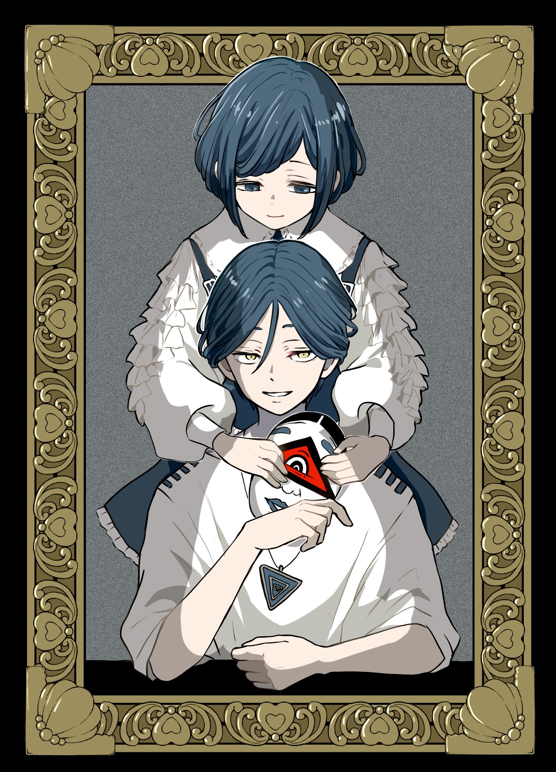 fukurai azami, meguriya ayumu, toshi densetsu kaitai center, absurdres, commentary request, highres, 1boy, 1girl, black border, blue eyes, blue hair, blue skirt, border, closed mouth, collared shirt, frilled shirt, frilled skirt, frilled sleeves, frills, holding, holding mask, long sleeves, looking at another, looking at viewer, looking down, mask, picture frame, puffy long sleeves, puffy sleeves, shirt, short hair, skirt, smile, standing, swept bangs, tomari (toma rinrinrin), triangle necklace, white shirt, yellow eyes