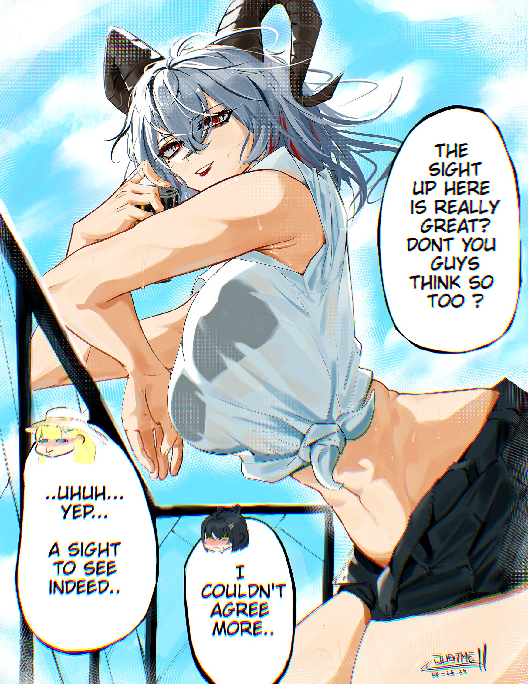 female rover (wuthering waves), phoebe (wuthering waves), rover (wuthering waves), zani (wuthering waves), wuthering waves, commentary, english commentary, highres, 1girl, against railing, alternate costume, armpit crease, artist name, black bra, black horns, black shorts, blue sky, bra, bra visible through clothes, can, chromatic aberration, curled horns, dated, day, drink can, english text, grey hair, hair between eyes, holding, holding can, horns, kakesu2396, leaning forward, long hair, multicolored hair, navel, open fly, outdoors, parted lips, railing, red eyes, shirt, shorts, sky, smile, solo, stomach, streaked hair, sweat, tied shirt, underwear, white shirt