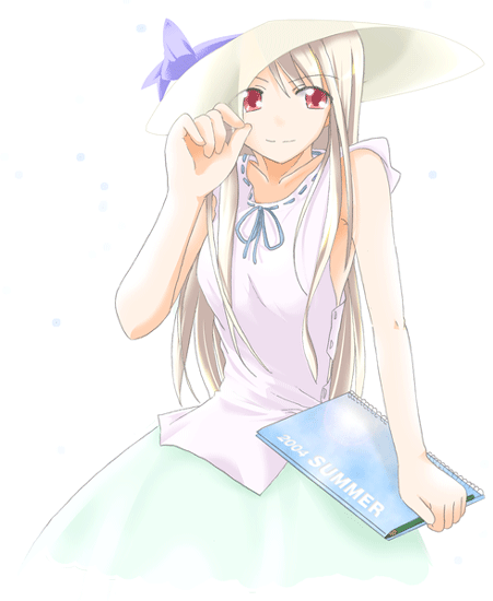 illyasviel von einzbern, fate/stay night, fate (series), 00s, albino, book, hat, long hair, red eyes, sketchbook, solo, transparent background, white hair