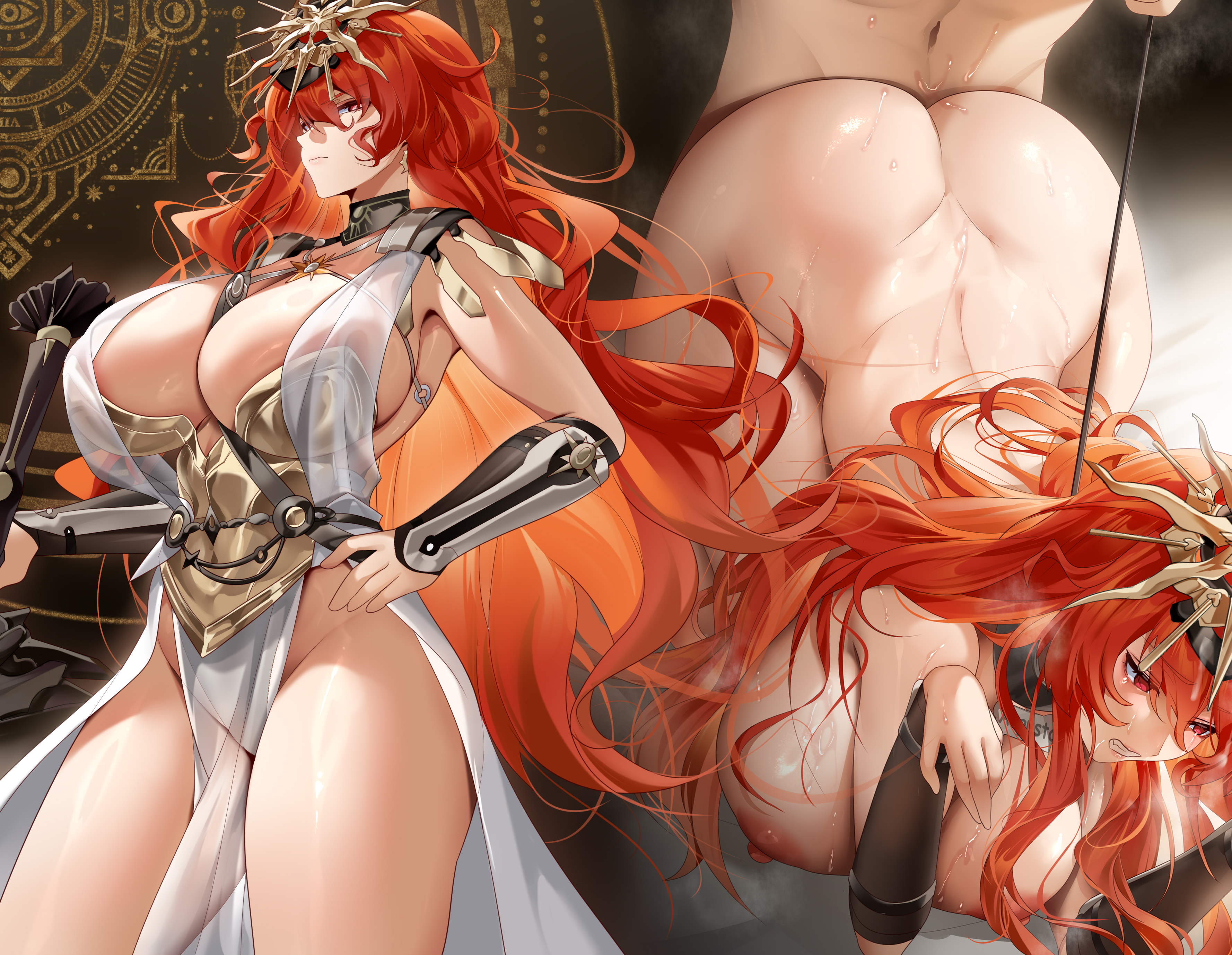 rourou (been), augusta (wuthering waves), wuthering waves, absurdres, commentary, highres, paid reward available, 1boy, 1girl, alternate breast size (larger), ancient greek clothes, arm armor, armor, ass, back, black collar, breastplate, breasts, clenched teeth, closed mouth, collar, completely nude, doggystyle, dress, earrings, greco-roman clothes, groin, hair between eyes, hand on own hip, headgear, huge breasts, jewelry, long hair, looking at viewer, median furrow, nipples, no panties, nude, orange hair, red eyes, sex, sex from behind, sun earrings, sun necklace, teeth, thighs, very long hair, white dress
