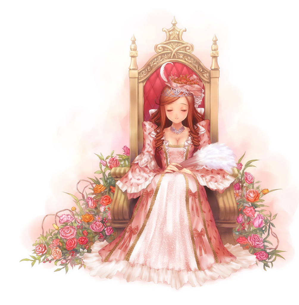 goto p, copyright request, 1girl, bow, breasts, cleavage, closed eyes, crown, dress, drill hair, feathers, female focus, flower, hair ornament, hand fan, jewelry, long dress, long hair, long sleeves, medium breasts, necklace, orange flower, orange rose, pink dress, pink flower, pink rose, red flower, red hair, red rose, rose, sitting, smile, solo, throne, wide sleeves