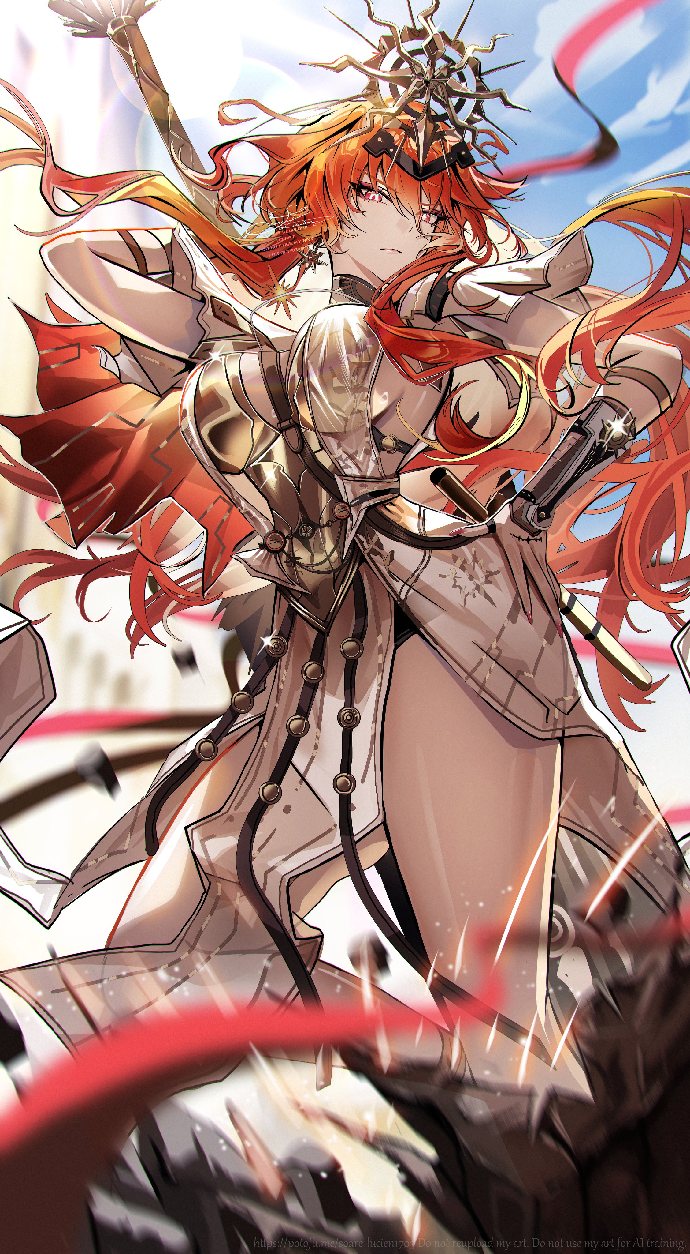 soare lucien, augusta (wuthering waves), wuthering waves, absurdres, commentary request, highres, 1girl, ancient greek clothes, arm armor, armor, black collar, blue sky, breastplate, breasts, closed mouth, collar, day, dress, earrings, fingernails, greatsword, greco-roman clothes, hair between eyes, hand on own hip, headgear, holding, holding behind back, holding sword, holding weapon, jewelry, large breasts, long fingernails, long hair, looking at viewer, nail polish, orange hair, outdoors, red eyes, red nails, signature, sky, solo, sun earrings, sword, tacet mark (wuthering waves), very long hair, weapon, white dress