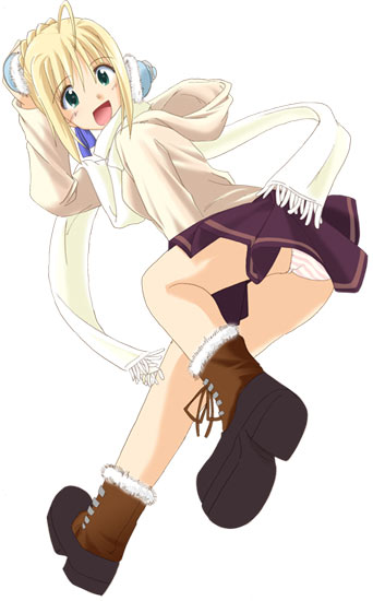 artoria pendragon (fate), saber (fate), fate/stay night, fate (series), 00s, alternate costume, blonde hair, green eyes, panties, pantyshot, scarf, underwear