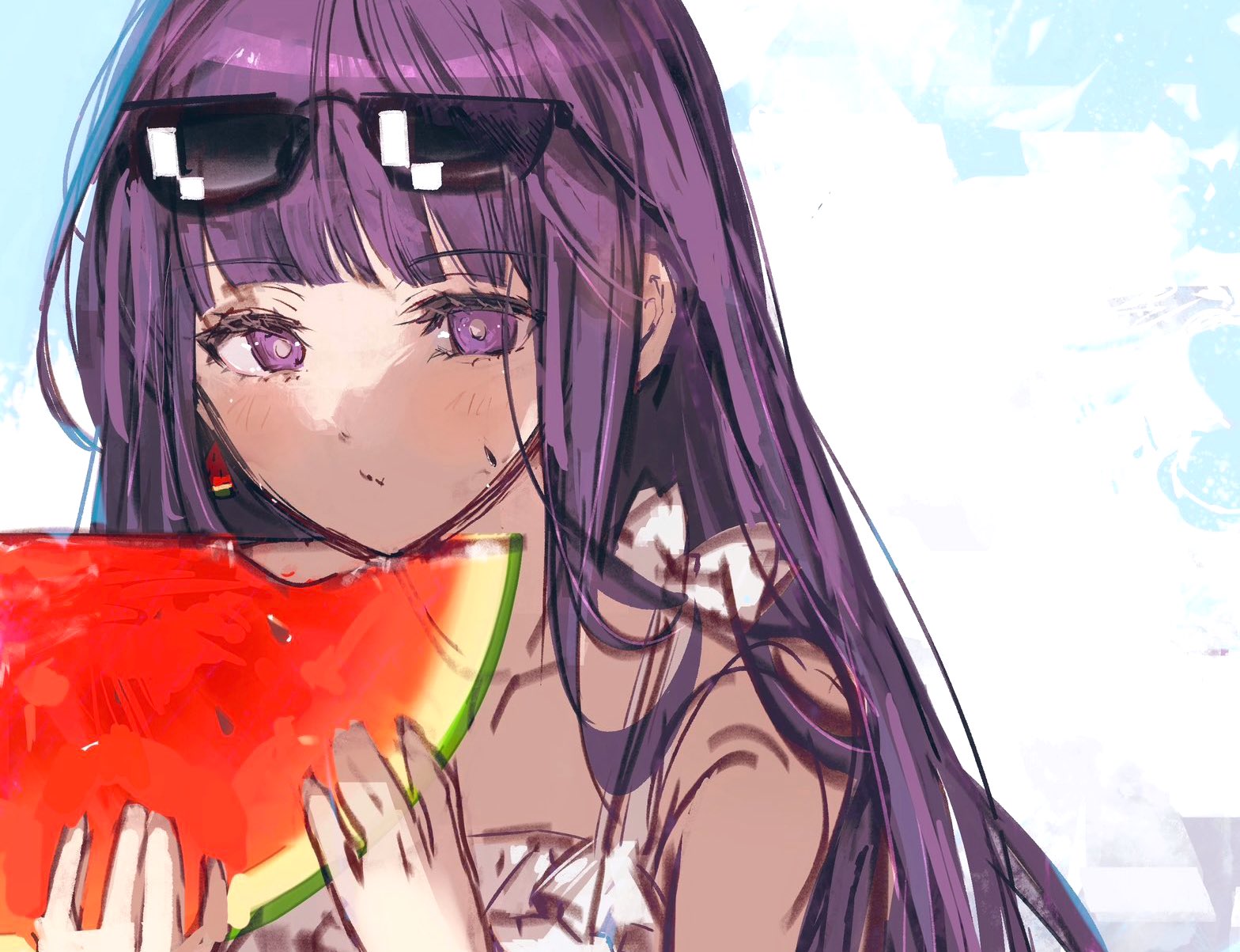 moku (muooku), fern (sousou no frieren), sousou no frieren, highres, 1girl, bare shoulders, blunt bangs, bright pupils, closed mouth, collarbone, dress, eyewear on head, food, fruit, holding, holding food, holding fruit, holding watermelon, light blush, long hair, long sidelocks, looking at viewer, purple hair, sidelocks, solo, sunglasses, upper body, watermelon, white dress, white pupils