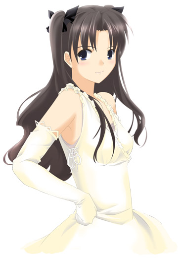 tohsaka rin, fate/stay night, fate (series), 00s, 1girl, black hair, blue eyes, dress, elbow gloves, female focus, gloves, long hair, solo, twintails, two side up