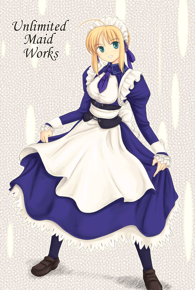 ryp, artoria pendragon (fate), saber (fate), fate/stay night, fate (series), 00s, alternate costume, black pantyhose, blonde hair, enmaided, green eyes, maid, pantyhose, solo