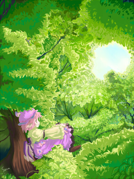nanami sano, mystia lorelei, touhou, 1girl, female focus, forest, green theme, in tree, nature, scenery, sitting, sitting in tree, solo, tree
