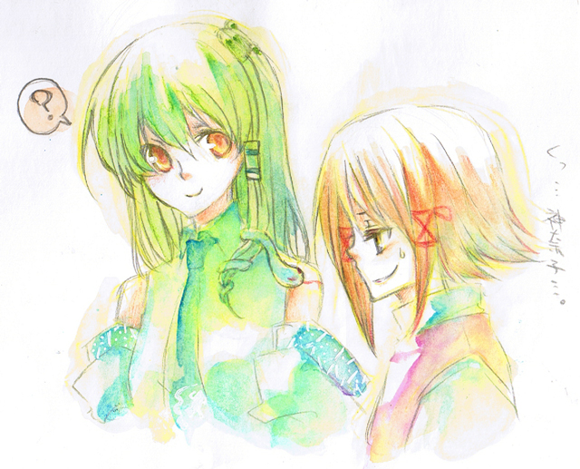 kagero (burstlife), tadano kagekichi, kochiya sanae, moriya suwako, touhou, 2girls, blonde hair, detached sleeves, female focus, frog hair ornament, from side, green hair, hair ornament, long hair, long sleeves, multiple girls, nontraditional miko, profile, short hair, sweatdrop, sweater, turtleneck, upper body, vest, yellow eyes