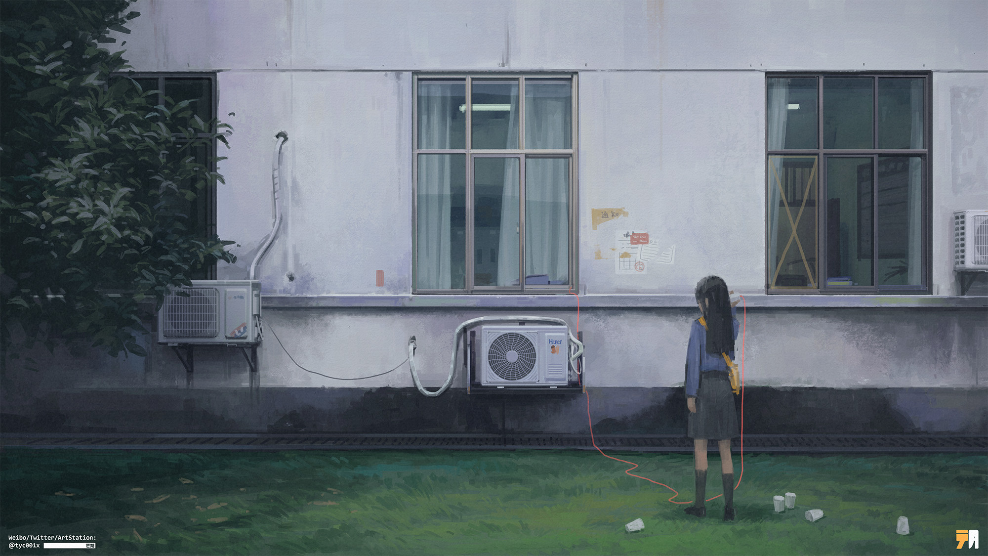 mangshuo, original, commentary, english commentary, highres, 1girl, air conditioner, black hair, blue shirt, building, cup, curtains, day, disposable cup, from behind, grass, grey skirt, hand up, holding, long hair, outdoors, pleated skirt, shirt, skirt, solo, standing, string phone, window