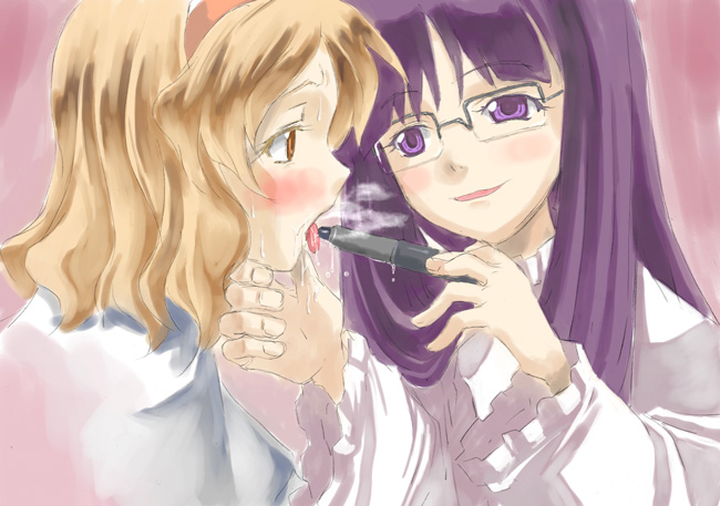 yohane, alice margatroid, patchouli knowledge, touhou, 2girls, bespectacled, bonnet, female focus, frills, glasses, hairband, multiple girls, yuri