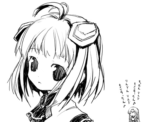 kiira, kos-mos, momo mizrahi, mojipittan, xenosaga, xenosaga freaks, lowres, translated, 00s, greyscale, monochrome, music, singing, sketch