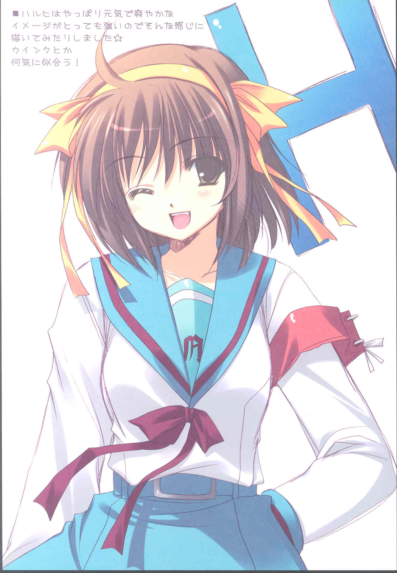 nishimata aoi, suzumiya haruhi, suzumiya haruhi no yuuutsu, highres, 00s, armband, brown eyes, brown hair, one eye closed, school uniform, serafuku, short hair, solo, wink