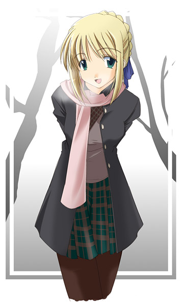 artoria pendragon (fate), saber (fate), fate/stay night, fate (series), 00s, alternate costume, black pantyhose, blonde hair, green eyes, pantyhose, scarf, solo