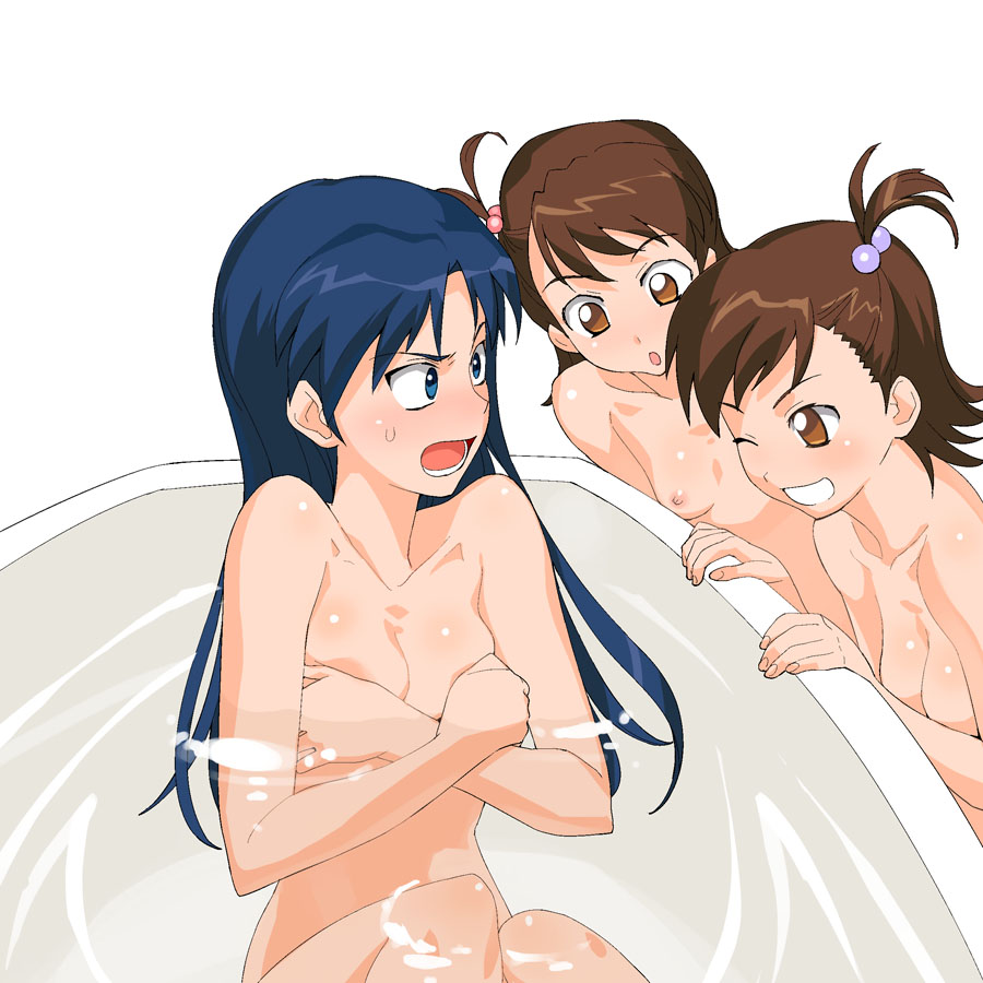 a1 (initial-g), futami ami, futami mami, kisaragi chihaya, idolmaster, idolmaster (classic), idolmaster 1, breast hold, 00s, 3girls, angry, bath, blue eyes, blue hair, breasts, brown eyes, brown hair, covering breasts, covering privates, flat chest, long hair, multiple girls, nipples, no bra, nude, nude cover, one eye closed, short hair, siblings, sisters, twins, water, wink