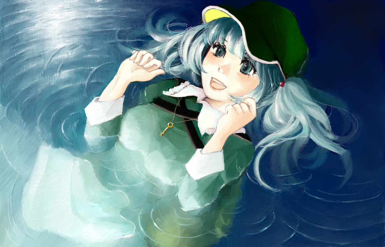 goldregen, kawashiro nitori, touhou, painting (medium), traditional media, 1girl, afloat, blue eyes, blue hair, female focus, hat, jewelry, key, matching hair/eyes, necklace, ripples, smile, solo, twintails, two side up, water