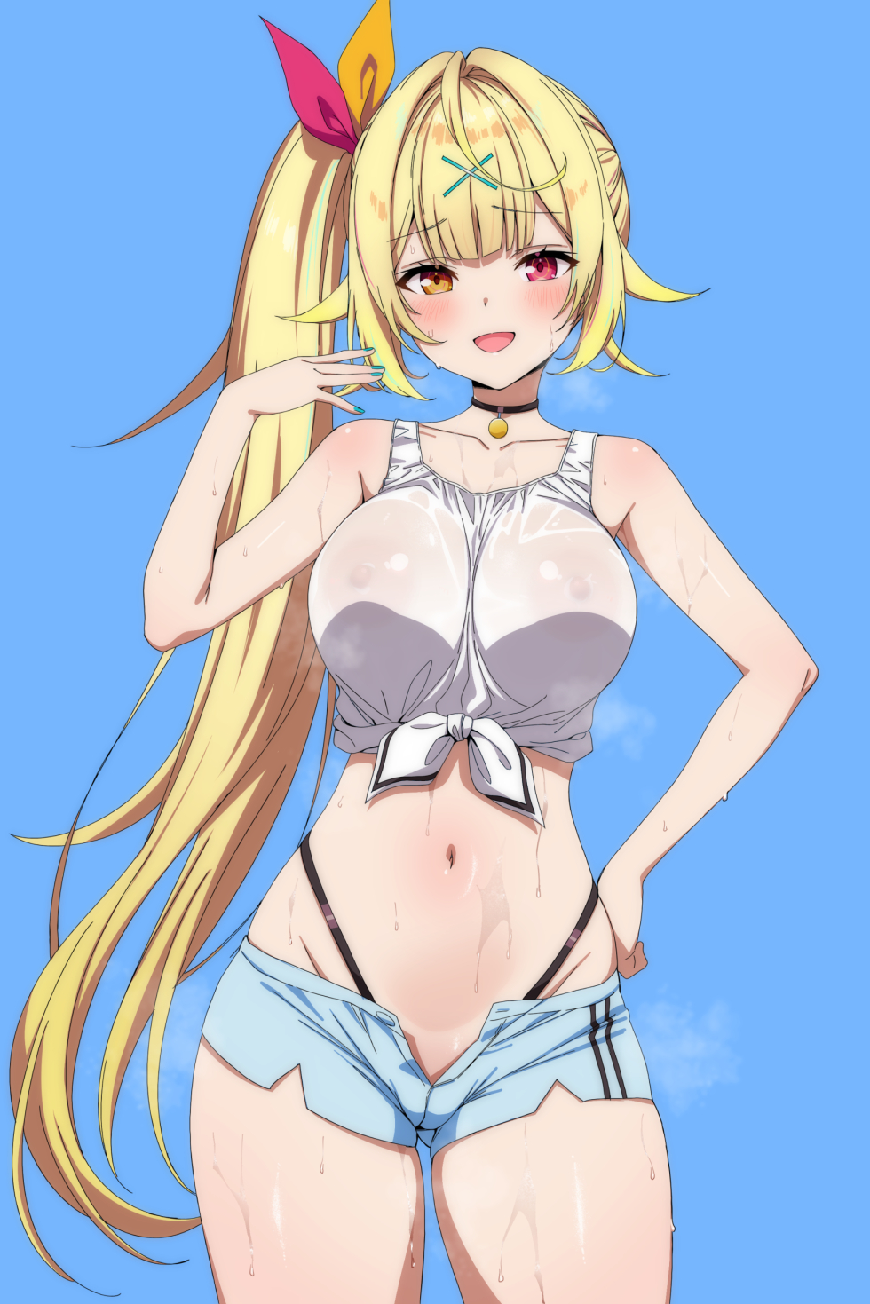fuooooo, hoshikawa sara, hoshikawa sara (1st costume), nijisanji, commentary, highres, 1girl, aqua hair, aqua nails, bare shoulders, black choker, blonde hair, blue background, blue shorts, blush, breasts, choker, collarbone, covered erect nipples, fingernails, groin, hair ornament, hair ribbon, hairclip, heterochromia, highleg, large breasts, long hair, looking at viewer, multicolored hair, nail polish, navel, open fly, open mouth, pink eyes, pink hair, pink ribbon, ribbon, shirt, shorts, side ponytail, simple background, smile, solo, steaming body, stomach, streaked hair, sweat, thighs, tied shirt, very long hair, virtual youtuber, wet, wet clothes, wet shirt, white shirt, yellow eyes, yellow ribbon