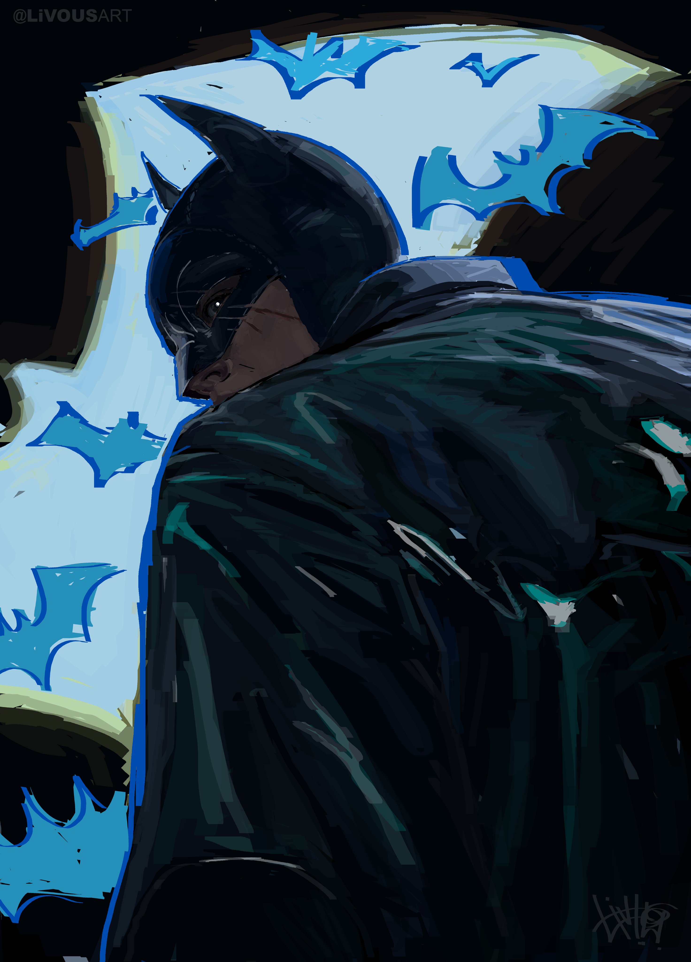 livousart, batman, batman (series), dc comics, absurdres, commentary, english commentary, highres, 1boy, bat (animal), batman symbol, black background, black cape, cape, cowl, looking back, male focus, signature, solo, superhero costume, twitter username, upper body