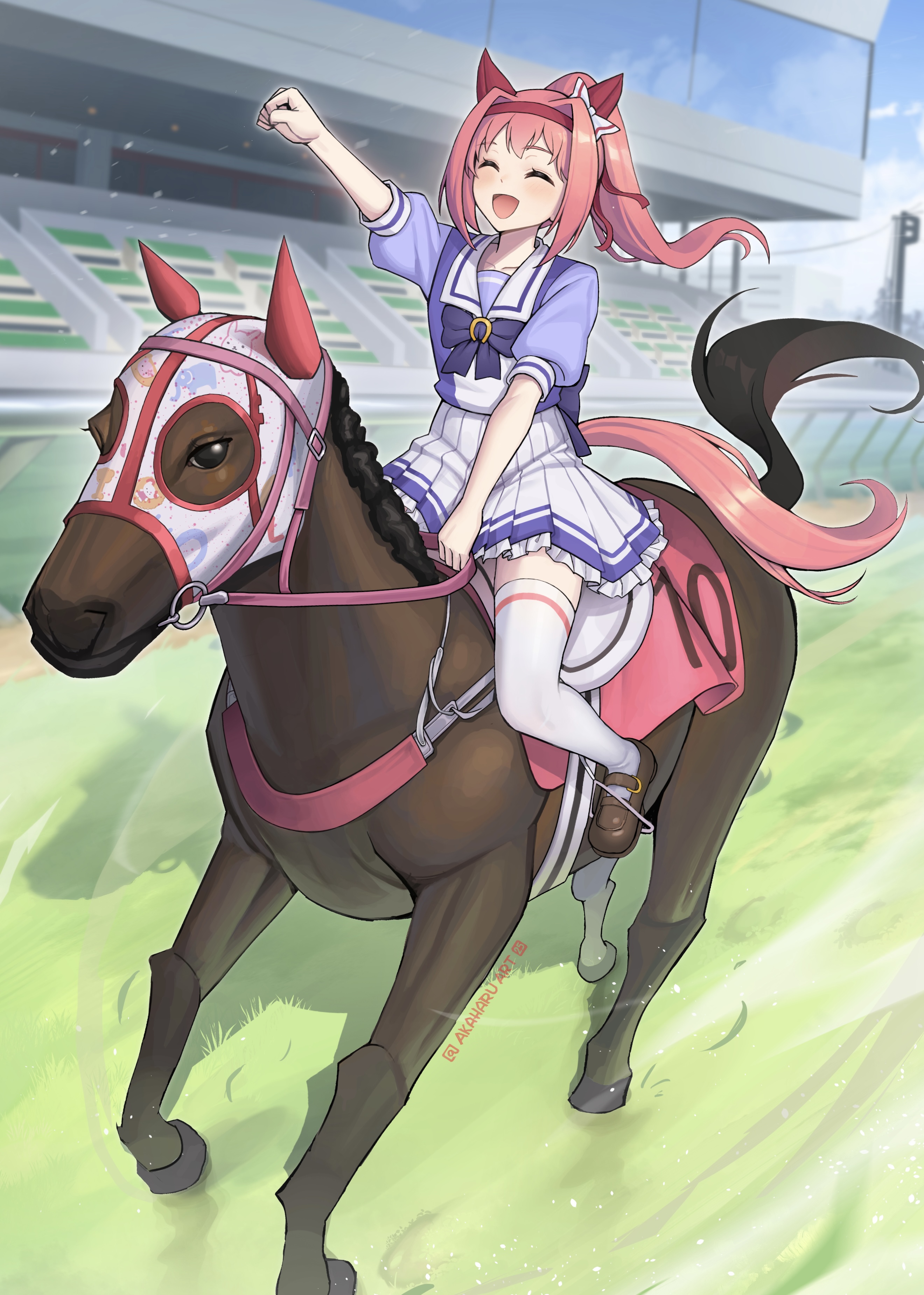 akaharuu, haru urara (racehorse), haru urara (umamusume), real life, umamusume, absurdres, commentary, highres, 1girl, :d, ^ ^, animal, animal ears, blue sky, bow, brown shoes, building, clenched hand, closed eyes, cloud, creature and personification, day, floating hair, frilled skirt, frills, horse, horse ears, horse girl, horse racing track, horse tail, horseback riding, long hair, open mouth, outdoors, outstretched arm, personification, pink hair, pleated skirt, ponytail, puffy short sleeves, puffy sleeves, purple bow, purple shirt, riding, school uniform, shirt, shoes, short sleeves, skirt, sky, smile, tail, thighhighs, tracen school uniform, white skirt, white thighhighs