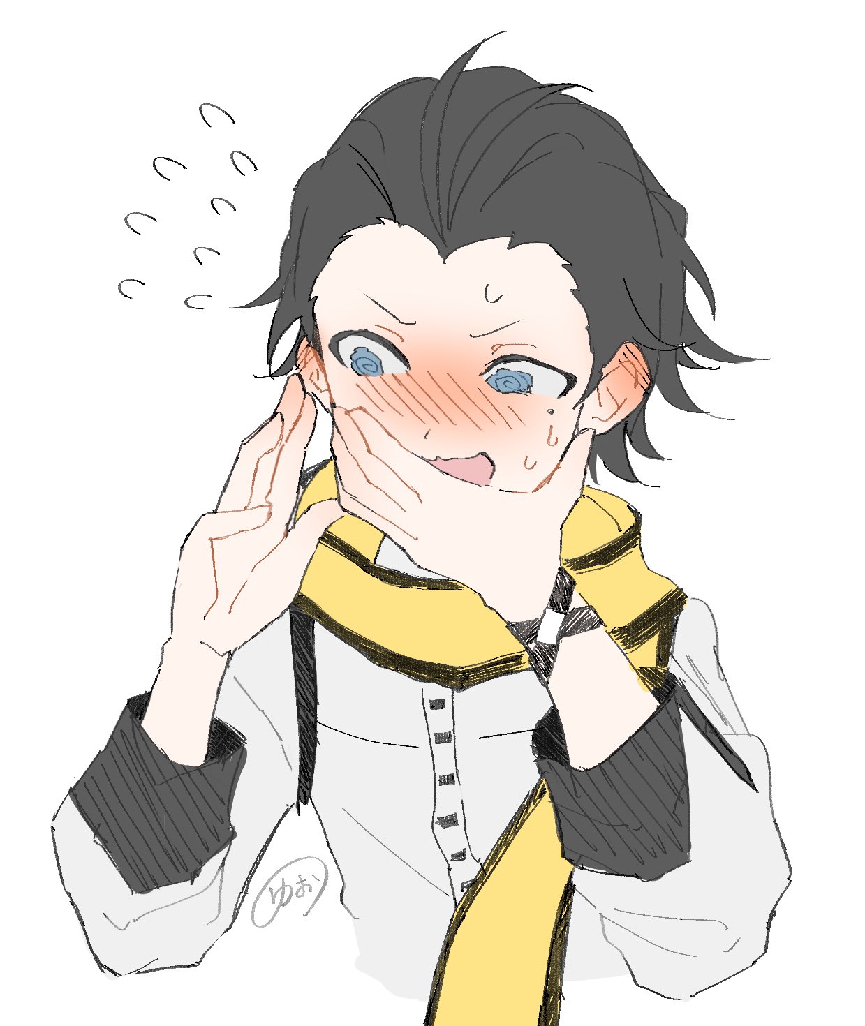 nodoka906, mochizuki ryouji, persona, persona 3, commentary, commentary request, highres, 1boy, @ @, black hair, black trim, blue eyes, blush, cropped torso, embarrassed, flying sweatdrops, hair behind ear, hair slicked back, hand on own face, long sleeves, looking to the side, male focus, nervous sweating, open mouth, scarf, shirt, short hair, sideways glance, simple background, sleeve cuffs, solo, sweat, v-shaped eyebrows, white background, white shirt, widow's peak, yellow scarf