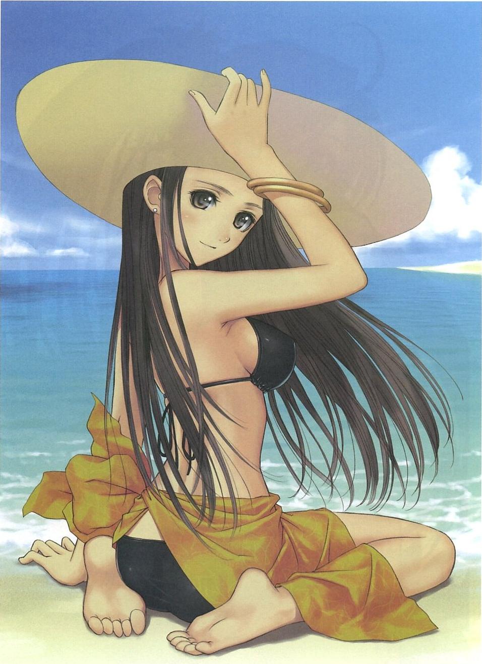 tony taka, highres, jpeg artifacts, 1girl, barefoot, beach, cloud, day, feet, female focus, hat, long hair, outdoors, sand, shore, sky, soles, solo, water