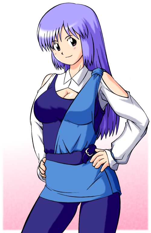 roux louka, gundam, gundam zz, bodysuit, breasts, cleavage, hands on own hips, large breasts, long hair, purple eyes, purple hair, solo, spandex
