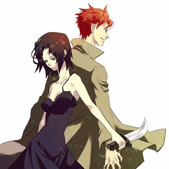 chane laforet, claire stanfield, baccano!, 00s, 1boy, 1girl, armpits, back-to-back, bare shoulders, black dress, black hair, breasts, cleavage, closed eyes, coat, collarbone, dagger, dress, knife, long sleeves, red hair, reverse grip, short hair, simple background, sleeveless, sleeveless dress, weapon, white background