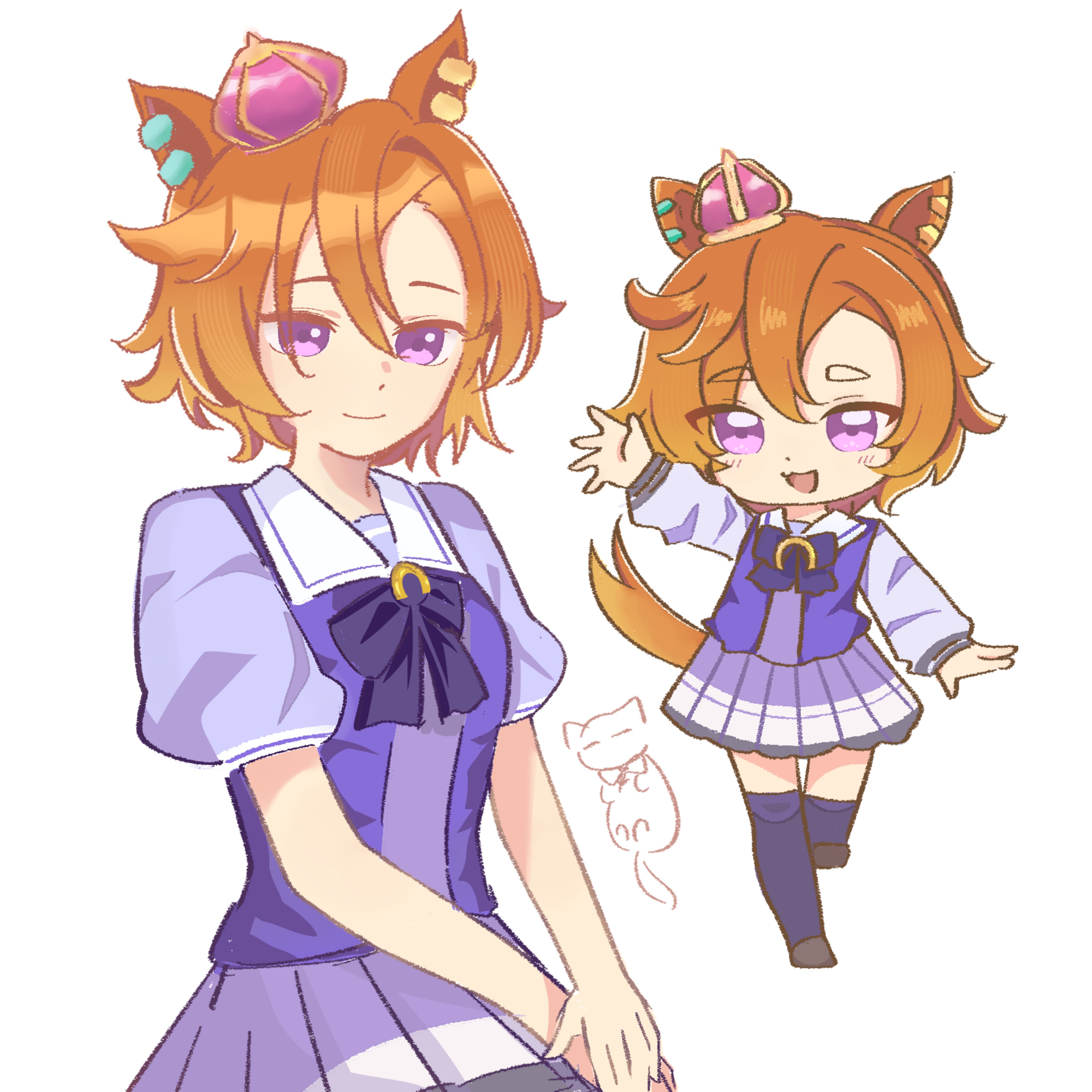 t.m. opera o (umamusume), umamusume, absurdres, commentary request, highres, 1girl, :d, animal ears, black shoes, blush, bow, brown hair, caet (erfnald), chibi, closed mouth, crown, hair between eyes, horse ears, horse girl, horse tail, long sleeves, mini crown, multiple views, open mouth, parted bangs, pleated skirt, puffy long sleeves, puffy short sleeves, puffy sleeves, purple bow, purple eyes, purple shirt, purple thighhighs, shirt, shoes, short sleeves, simple background, skirt, smile, tail, thick eyebrows, thighhighs, tilted headwear, white background, white skirt
