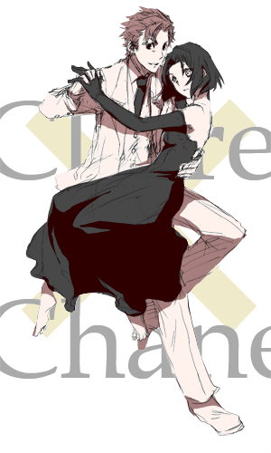 chane laforet, claire stanfield, baccano!, lowres, 00s, 1boy, 1girl, bare shoulders, black eyes, black gloves, black hair, brown hair, character name, dancing, dress, elbow gloves, formal clothes, gloves, hetero, holding hands, looking at viewer, short hair, simple background, sleeveless, sleeveless dress, suit, white background