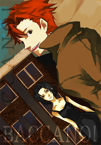 chane laforet, claire stanfield, baccano!, 00s, 1boy, 1girl, :d, black hair, blue eyes, breasts, building, cleavage, coat, collar, collarbone, dress, dutch angle, expressionless, from behind, light smile, long sleeves, looking at viewer, looking back, open mouth, outdoors, red hair, short hair, sleeveless, sleeveless dress, smile, window