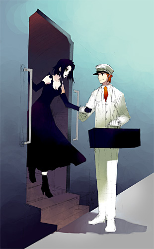 chane laforet, claire stanfield, baccano!, uniform, lowres, 00s, 1boy, 1girl, bare shoulders, black dress, black eyes, black hair, breasts, buttons, cleavage, collarbone, dress, formal clothes, full body, gloves, long sleeves, necktie, red hair, red necktie, sleeveless, sleeveless dress, stairs, standing, suit, walking, white gloves, white suit