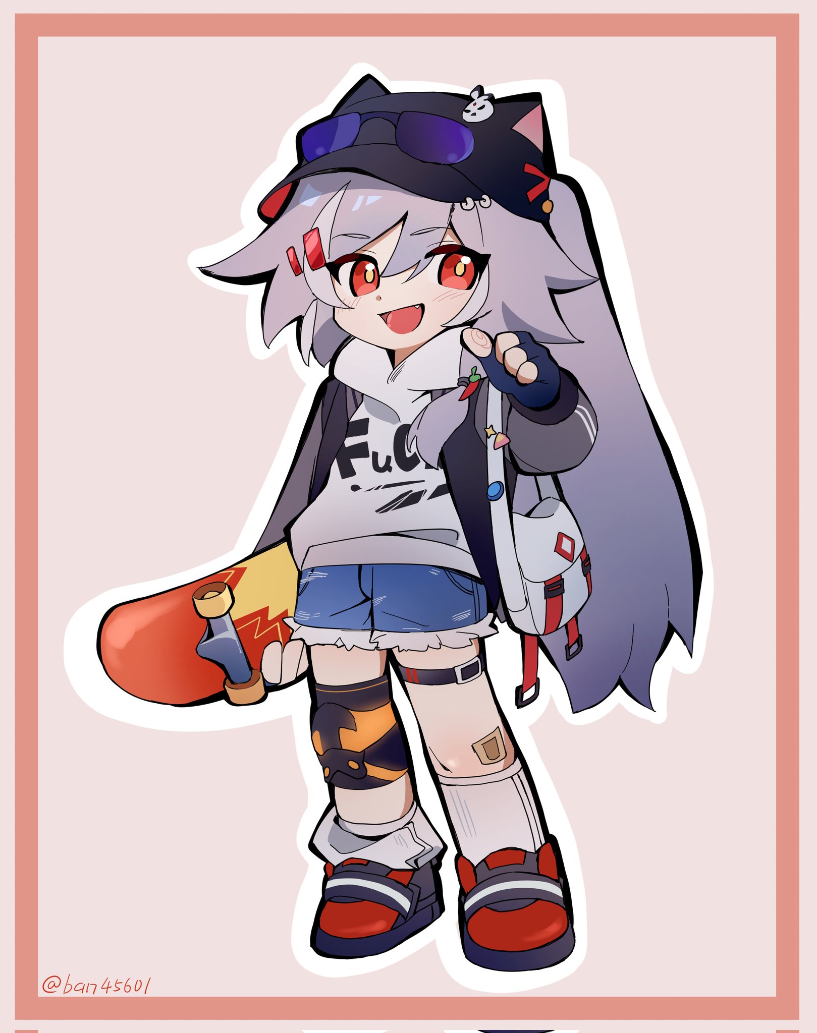 ban45601, herrscher of sentience, honkai (series), honkai impact 3rd, corrupted twitter file, highres, 1girl, :d, animal ears, animal hat, bag, baseball cap, black hat, black jacket, blue gloves, blue shorts, border, brown border, chibi, cutoffs, eyewear on headwear, fake animal ears, fingerless gloves, full body, gloves, grey hair, hair between eyes, hat, holding, hood, hood down, hoodie, jacket, long hair, long sleeves, loose socks, multicolored hair, open clothes, open jacket, open mouth, outline, pointing, pointing at self, puffy long sleeves, puffy sleeves, purple-tinted eyewear, red eyes, short shorts, shorts, shoulder bag, skateboard, smile, socks, solo, standing, streaked hair, sunglasses, tinted eyewear, twitter username, very long hair, white hair, white hoodie, white outline, white socks