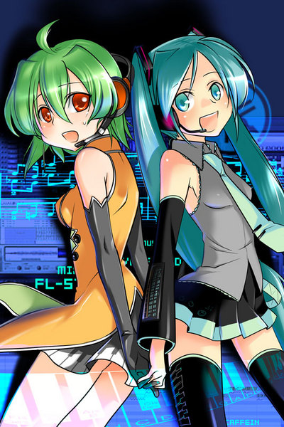caffein, fl-chan, hatsune miku, fl studio, vocaloid, 2girls, aqua eyes, aqua hair, back-to-back, green hair, long hair, multiple girls, necktie, orange eyes, piano print, red eyes, skirt, thighhighs, twintails, very long hair, zettai ryouiki