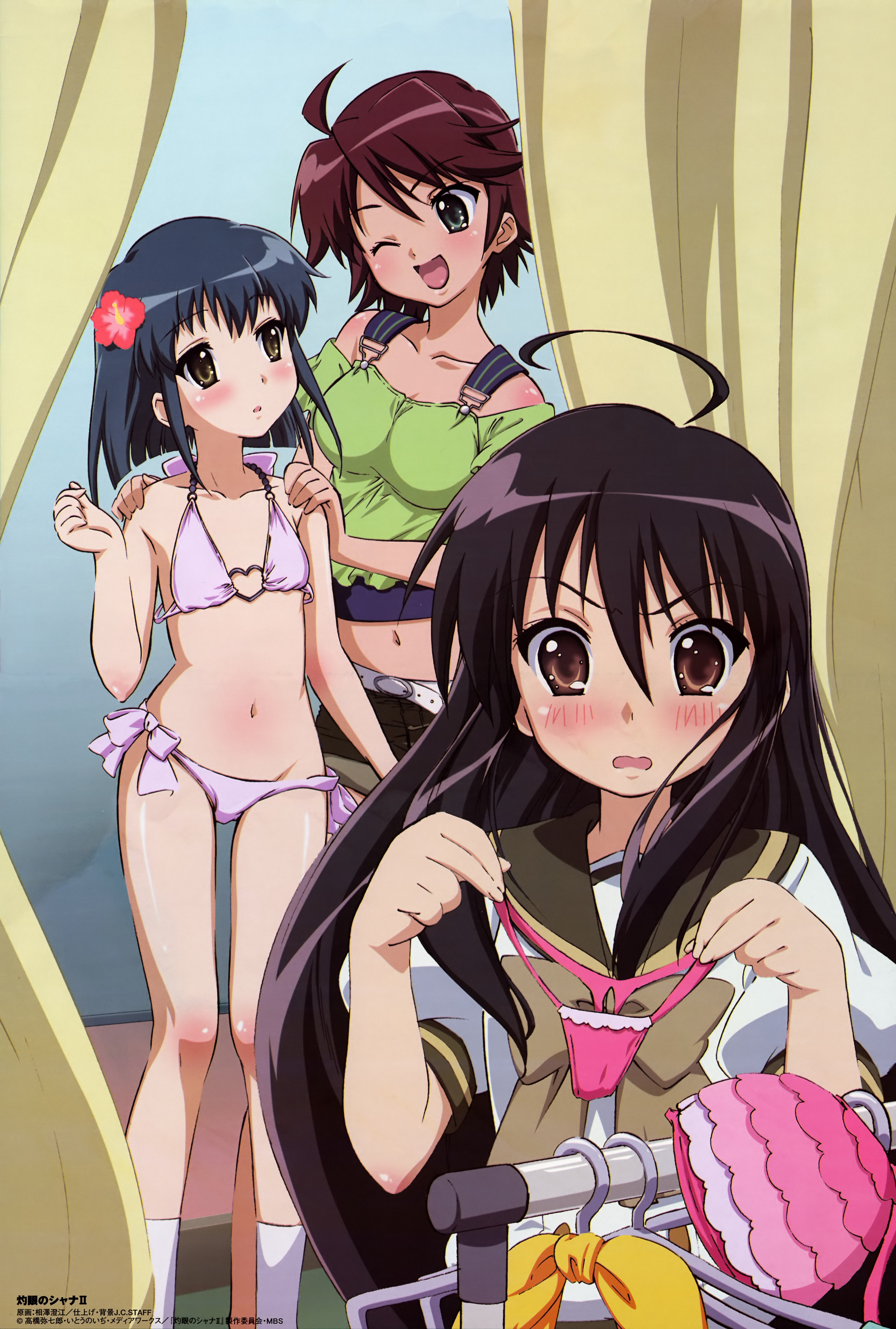 aizawa sumie, konoe fumina, ogata matake, shana, comp h's, shakugan no shana, absurdres, highres, 00s, 3girls, bikini, black hair, blush, flat chest, midriff, multiple girls, school uniform, serafuku, swimsuit, thong bikini