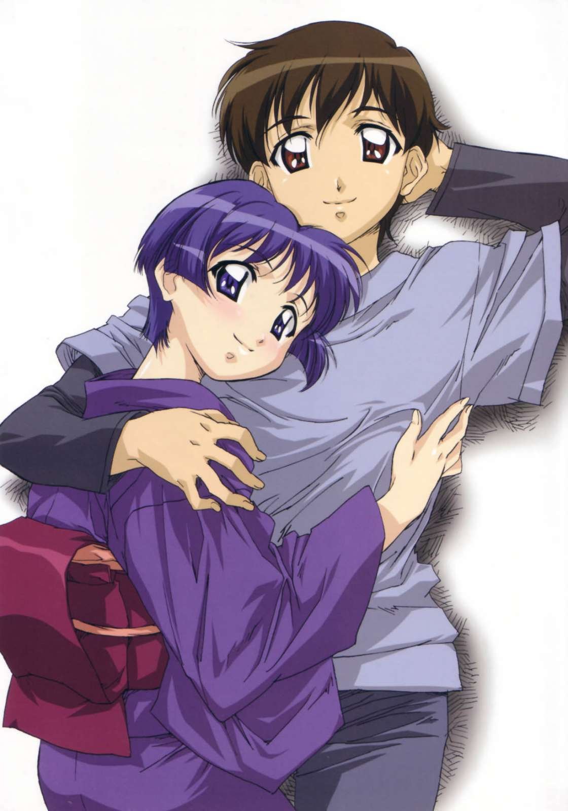 hanabishi kaoru, sakuraba aoi, ai yori aoshi, highres, 1boy, 1girl, brown eyes, brown hair, denim, girl on top, hetero, hug, japanese clothes, jeans, kimono, long sleeves, looking at viewer, obi, pants, purple eyes, purple hair, sash, shirt, simple background, t-shirt, white background
