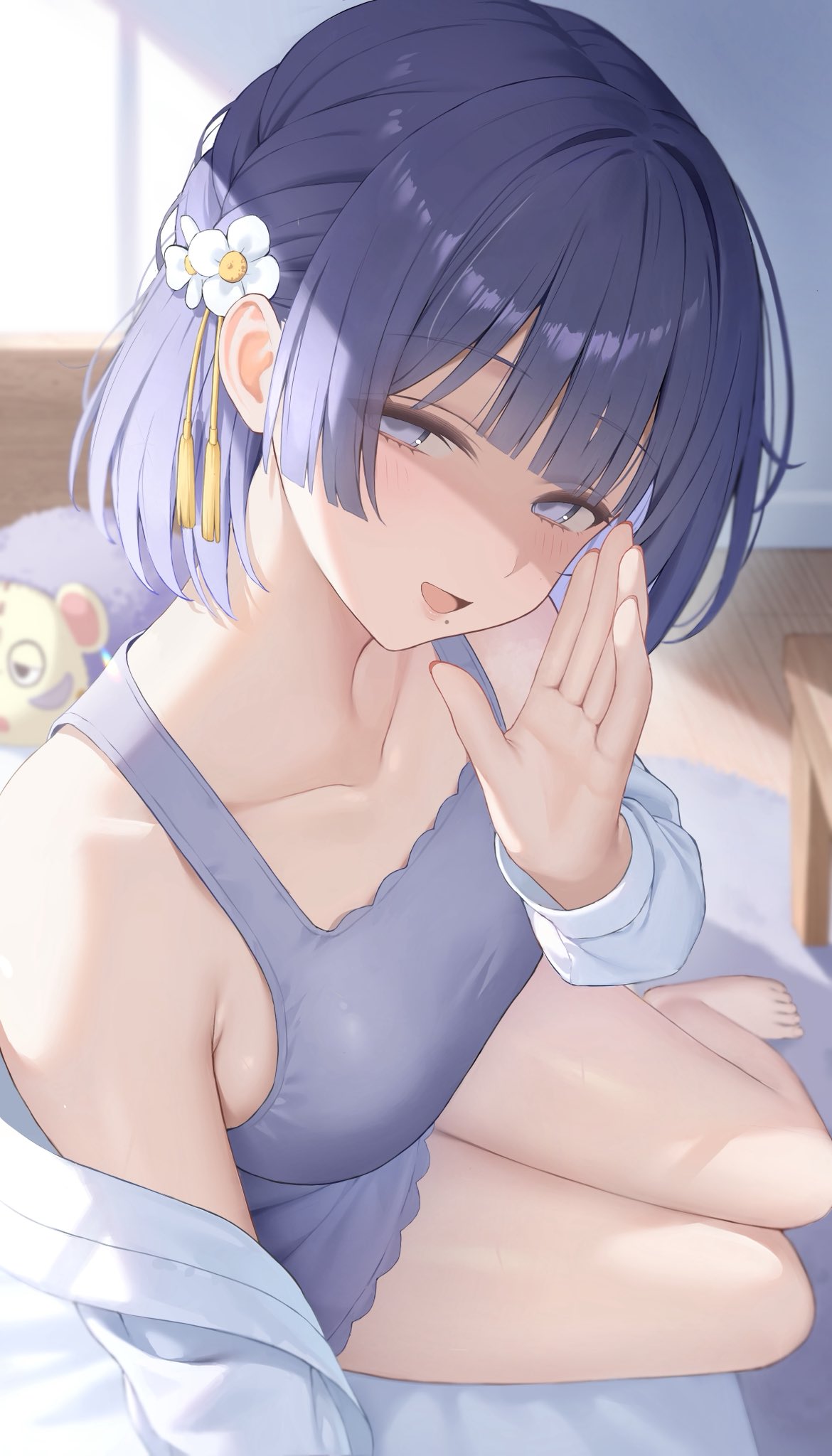 hibimaru, hataya misuzu, gakuen idolmaster, idolmaster, commentary, highres, 1girl, asmr, bare shoulders, barefoot, bed sheet, blue eyes, blue hair, blush, breasts, collarbone, flower, grey shorts, grey tank top, hair flower, hair ornament, indoors, jacket, large breasts, long sleeves, looking at viewer, mole, mole under mouth, off shoulder, on bed, open clothes, open jacket, open mouth, partially shaded face, short hair, short shorts, shorts, smile, solo, tank top, thighs, toes, whispering, white flower, white jacket
