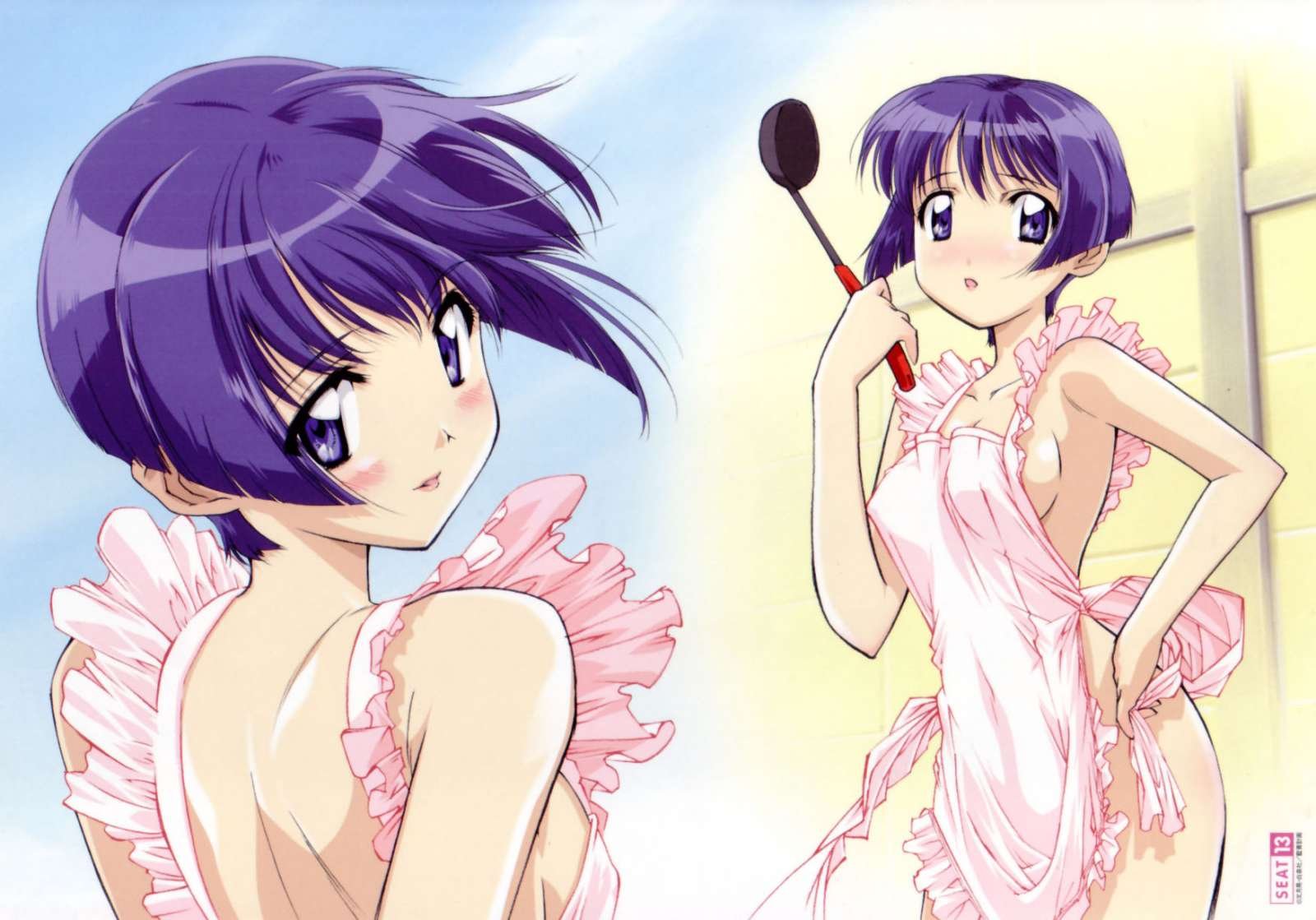 fumizuki kou, sakuraba aoi, ai yori aoshi, highres, official art, 1girl, apron, blue eyes, blue hair, blush, breasts, covered erect nipples, naked apron, no panties, sideboob
