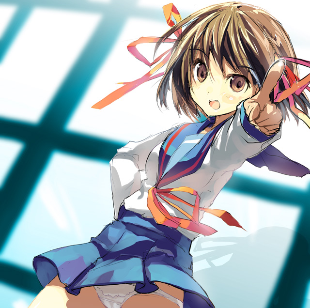 oka asaha, suzumiya haruhi, suzumiya haruhi no yuuutsu, 00s, 1girl, brown eyes, brown hair, female focus, panties, pointing, school uniform, serafuku, short hair, skirt, solo, underwear, white panties