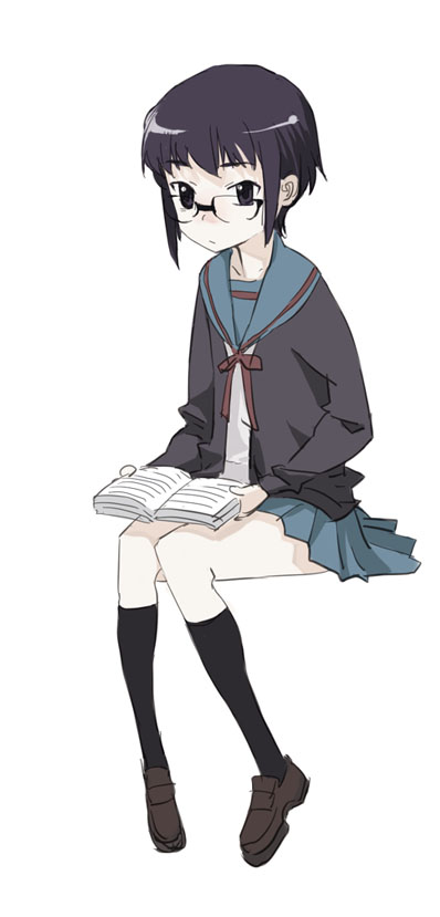 mura (kanojo no oukoku), nagato yuki, suzumiya haruhi no yuuutsu, 00s, 1girl, black socks, blue skirt, book, bow, brown shoes, cardigan, closed mouth, female focus, full body, glasses, holding, holding book, invisible chair, kneehighs, loafers, long sleeves, miniskirt, open book, open cardigan, open clothes, pleated skirt, purple hair, reading, red bow, red ribbon, ribbon, rimless eyewear, school uniform, serafuku, shoes, short hair, simple background, sitting, skirt, socks, solo, white background