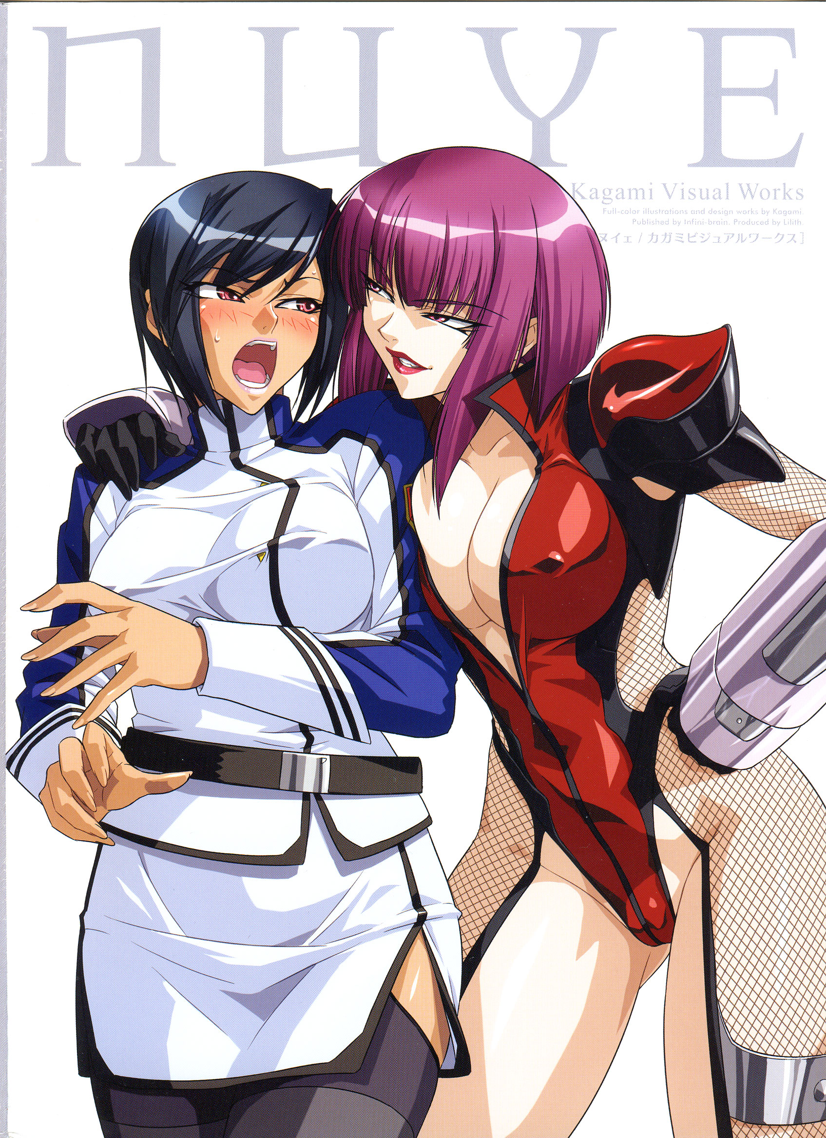 kagami hirotaka, naomi evans, oboro (taimanin asagi), kangoku senkan, nuye, taimanin (series), taimanin asagi, black legwear, hand on shoulder, artbook, highres, scan, 00s, 2girls, belt, black hair, blush, breast press, breasts, center opening, collarbone, covered erect nipples, crossover, female focus, fingernails, fishnets, gloves, groin, hair between eyes, hand on own hip, highleg, large breasts, leotard, lipstick, long fingernails, looking at another, makeup, multiple girls, ninja, open mouth, purple eyes, purple hair, red eyes, short hair, shoulder pads, simple background, skin tight, skirt, standing, sweat, teeth, thighhighs, thighs, turtleneck, white background, yuri