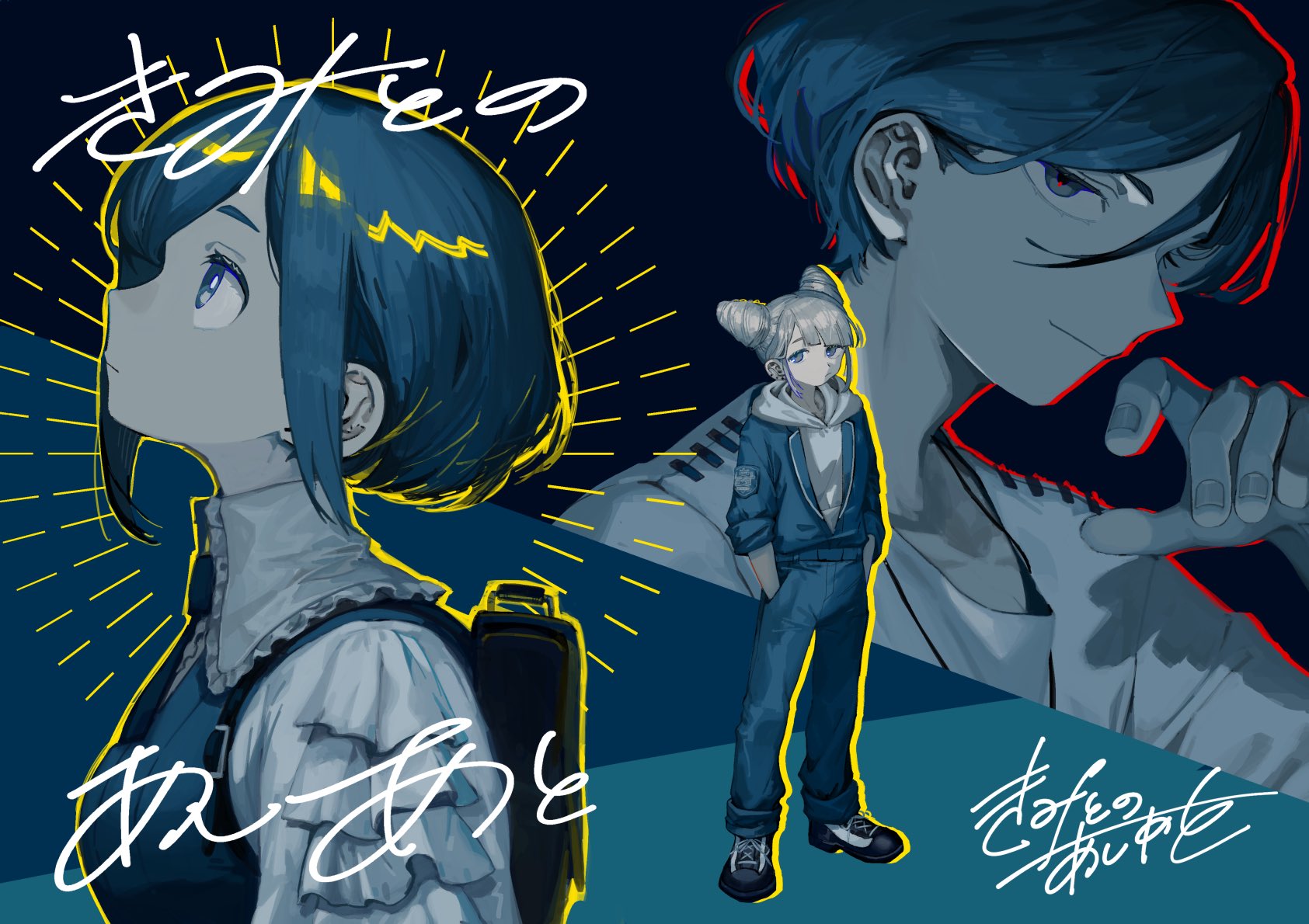 100387l, fukurai azami, jasmine (toshi densetsu kaitai center), meguriya ayumu, toshi densetsu kaitai center, highres, translation request, 1boy, 2girls, backpack, bag, blue eyes, blue hair, blue jumpsuit, closed mouth, collared shirt, cone hair bun, double bun, frilled shirt, frilled sleeves, frills, hair bun, hand up, jumpsuit, limited palette, long sleeves, looking at viewer, looking to the side, multiple girls, outline, profile, shirt, short hair, smile, standing, white shirt, yellow outline