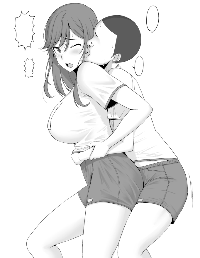 taito0630, hori kyouko, hori-san to miyamura-kun, resisting, uncomfortable, non-web source, 1boy, 1girl, alternate breast size (larger), bloomers, blush, breasts, buttjob, chikan, from behind, groping, hug, humping, large breasts, molestation, monochrome, nervous, nervous sweating, rubbing, shaved head, simple background, surprised, sweat, sweatdrop, ugly bastard, underwear